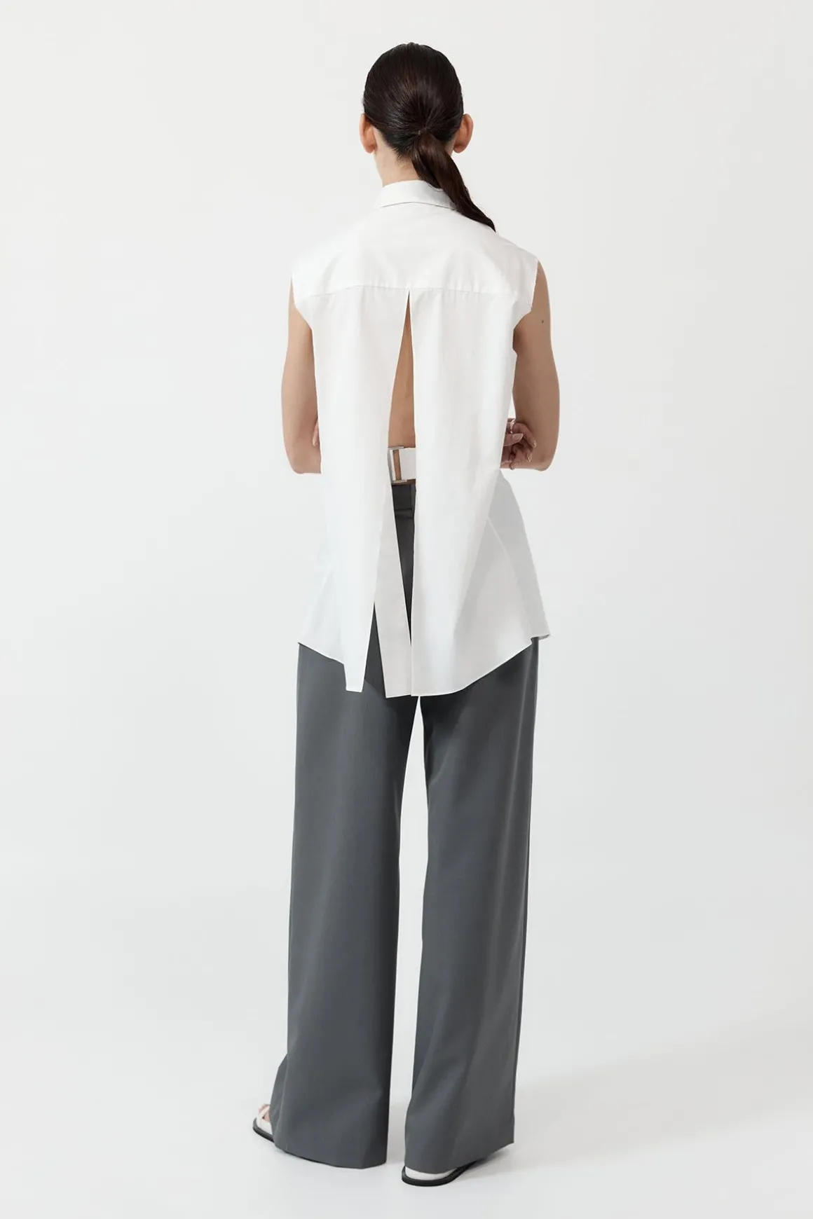 St. Agni Cotton Belted Sleeveless Shirt - White