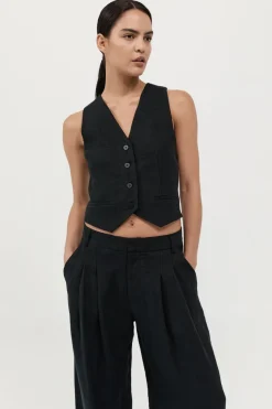 St. Agni Tailored Linen Vest - Black